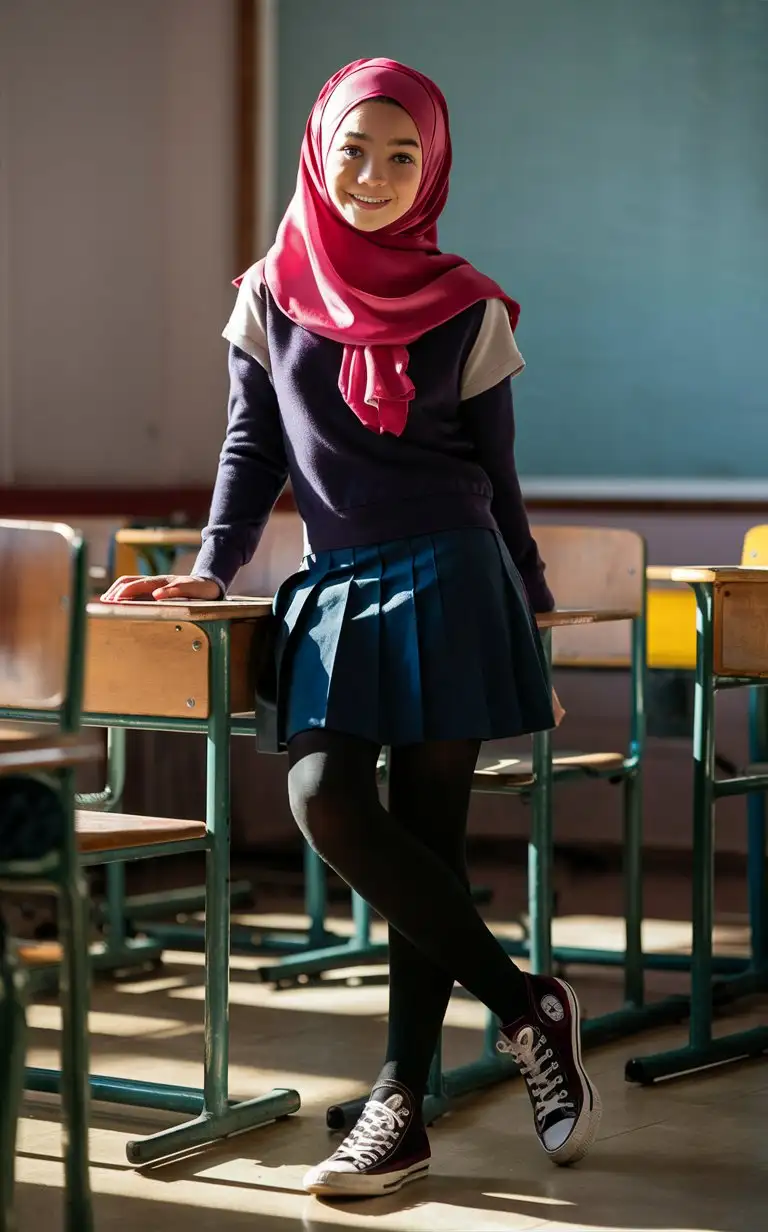 A girl, 13 years old, hijab, tight blouse, navy blue school skirt, black opaque tights, converse shoes, in classroom. beautiful. Sits on the desk. Crossed legs
