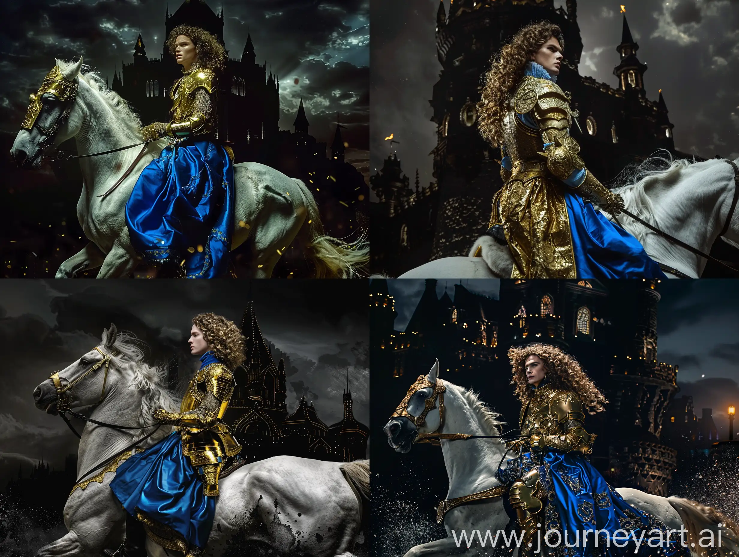 A curly-haired man in golden armor and blue dress riding a white horse in the middle of a black castle at night, cinematic lighting