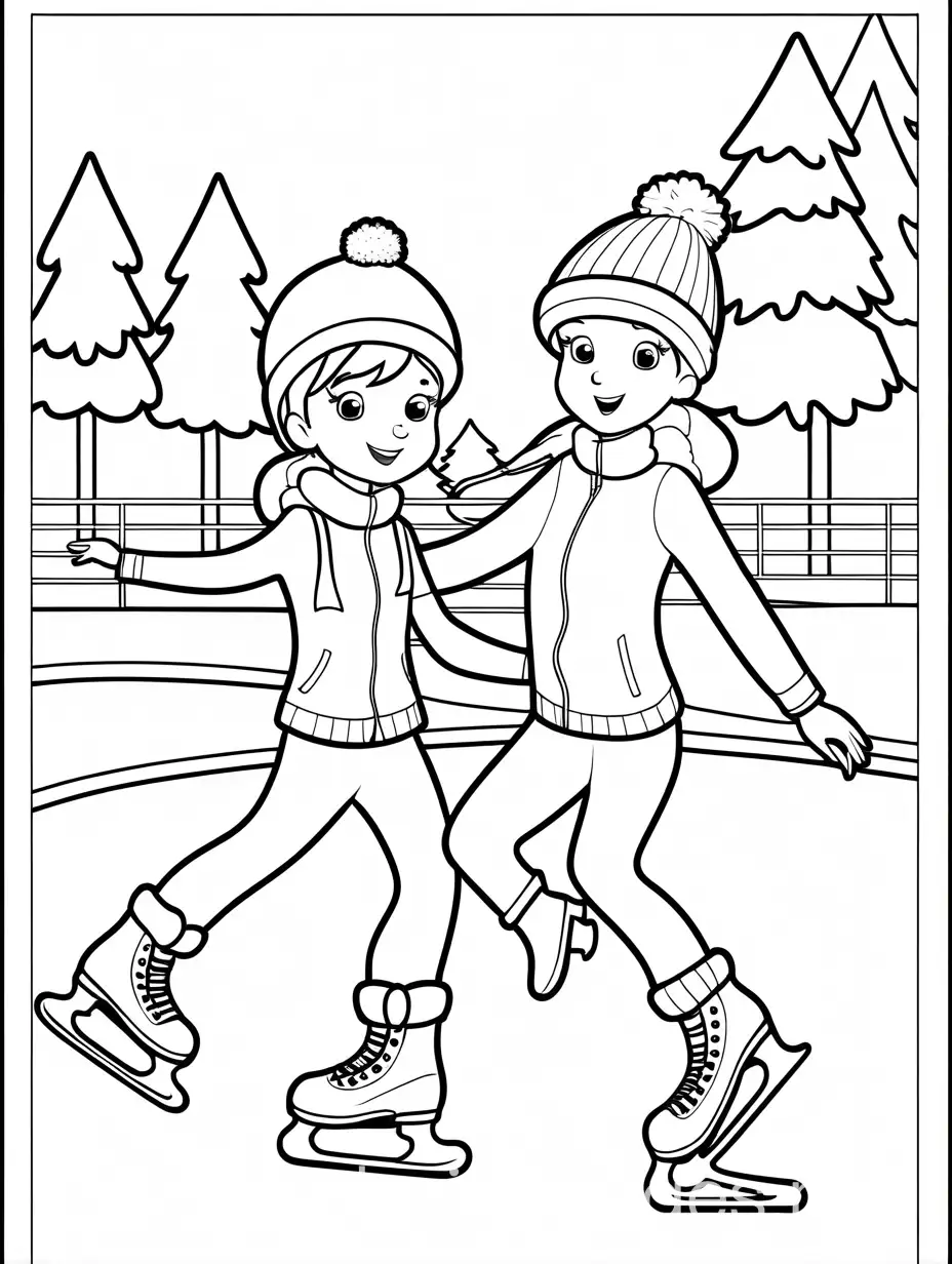 Children-Ice-Skating-Coloring-Page-Simple-Line-Art-on-White-Background