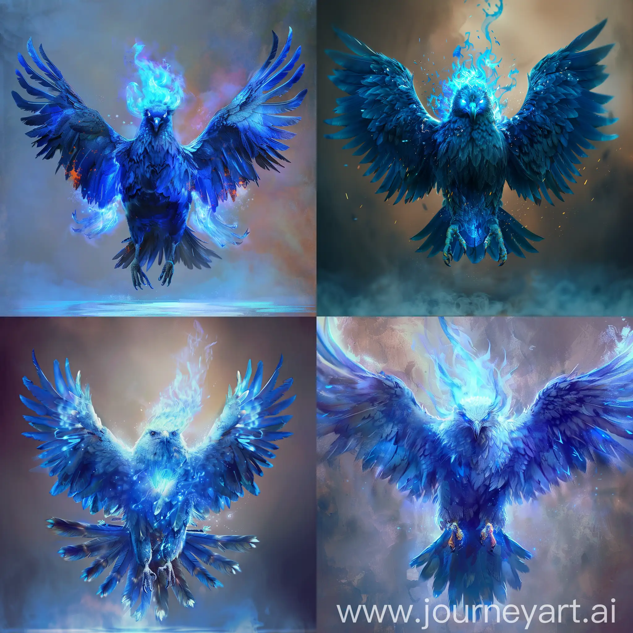 photograph, a huge majestic and very beautiful blue bird with a bright blue flame and glowing eyes spreads its wings and flies, front view, depth of composition, rich texture and careful detail, the background is a gradient of muted tones