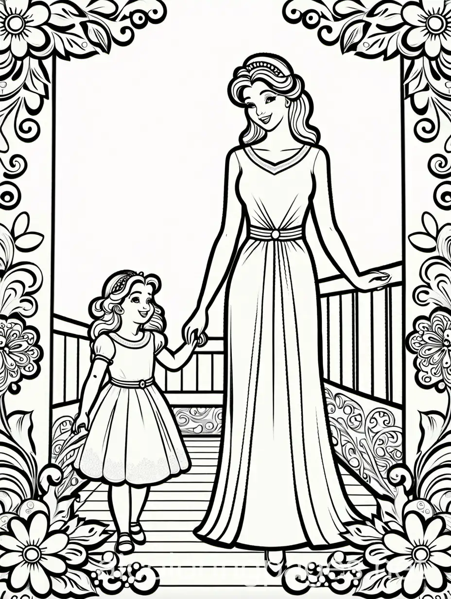 Depict a diva mother and her little daughter during common everyday life situation, detailed scene, black and white coloring page, Coloring Page, black and white, line art, white background, Simplicity, Ample White Space. The background of the coloring page is plain white to make it easy for young children to color within the lines. The outlines of all the subjects are easy to distinguish, making it simple for kids to color without too much difficulty