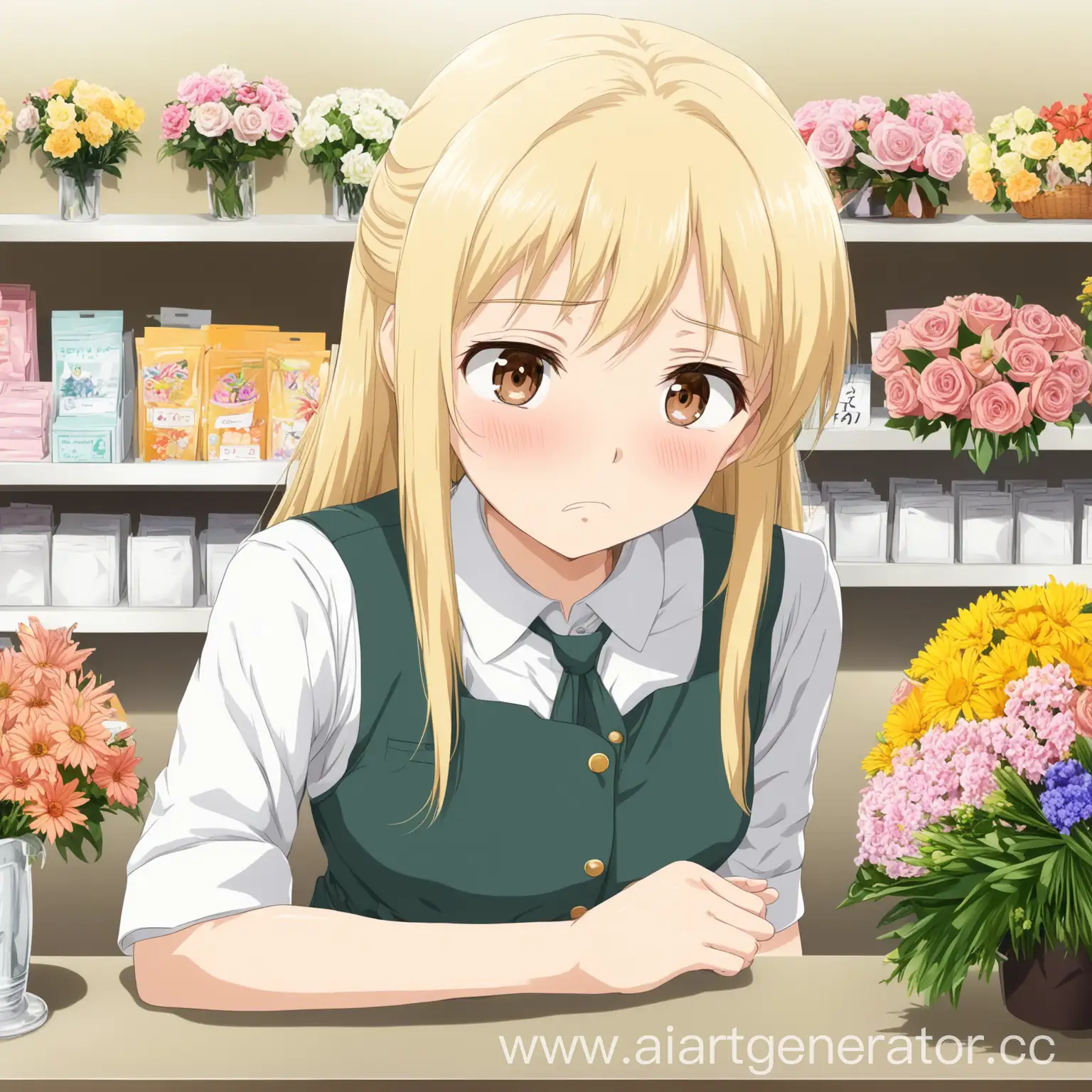 girl, anime, blonde hair, flowers, flower seller, brown eyes, saleswoman's uniform, young, one girl, behind the counter, delicate colors, embarrassment, long blonde hair