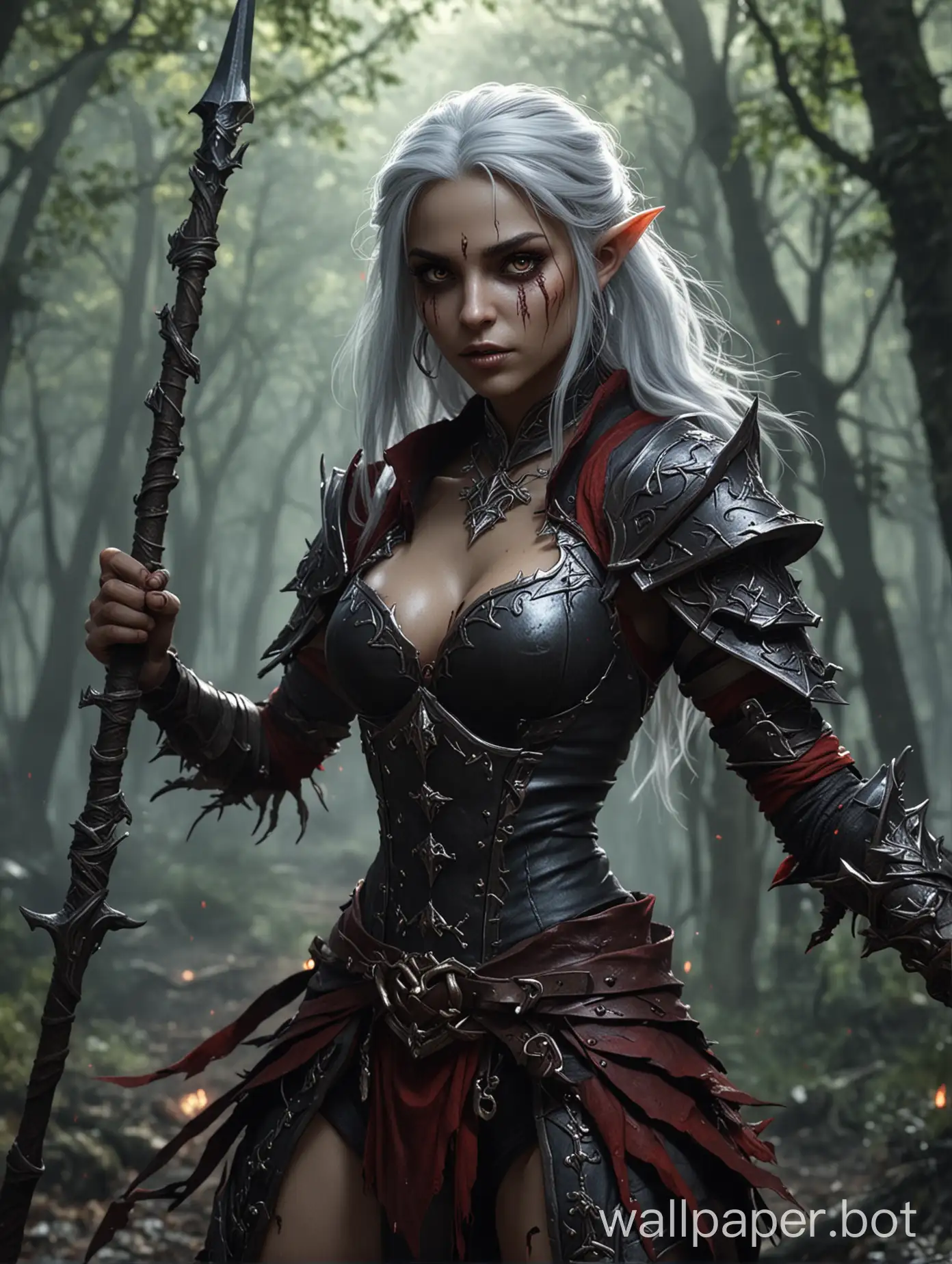 Shadowheart beautiful woman, Mintar warrior beautiful woman dark elf, magician magic blood, battle in the forest Goblins Sorcerers 4k detail