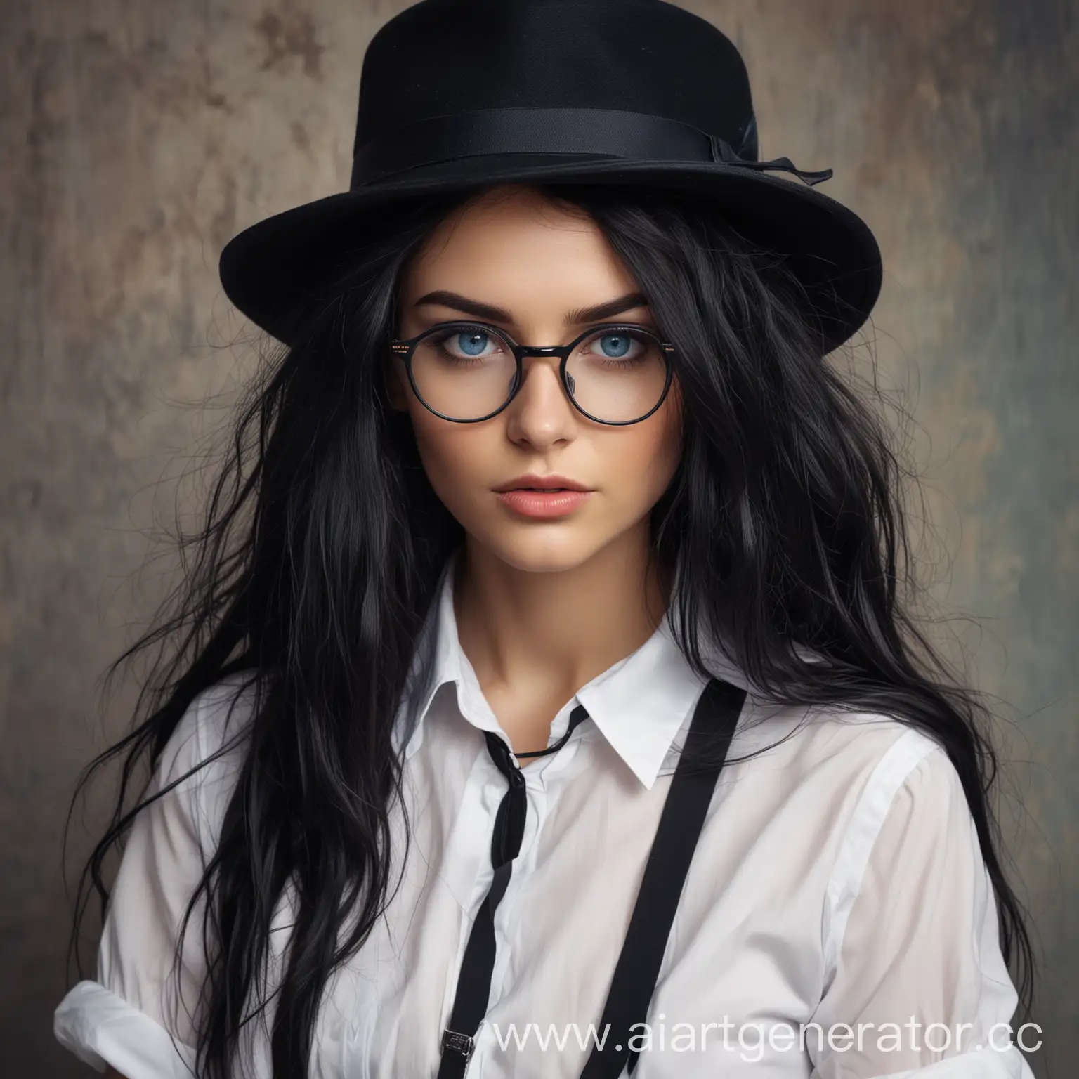 Женщина, с длинными, чёрными, растрёпанными волосами, голубыми глазами, в очках, в чёрной шляпе, в белой рубашке с чёрными подтяжками, с сигаретой