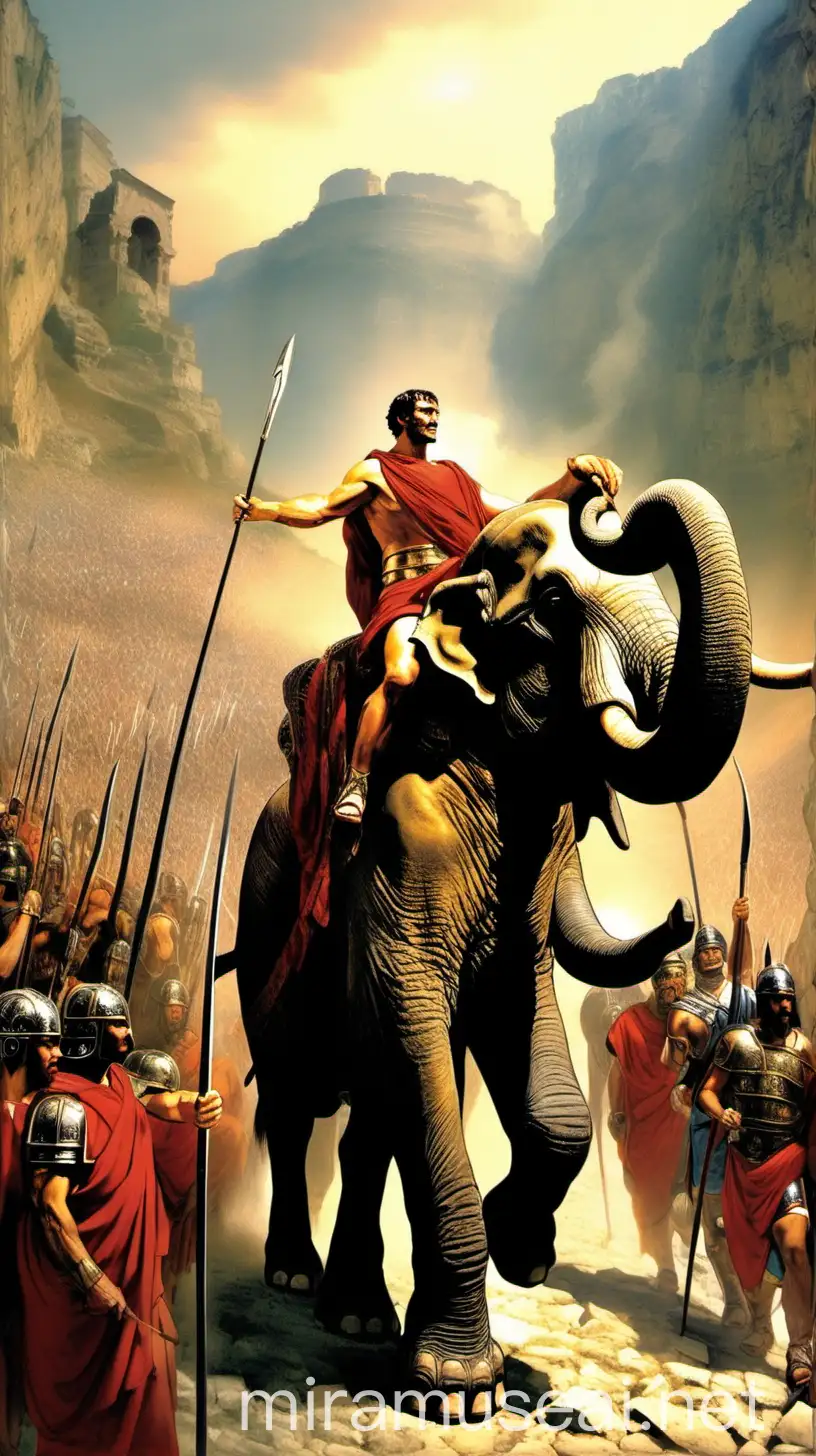 Hannibals Army Crossing the Alps with Elephants and Men