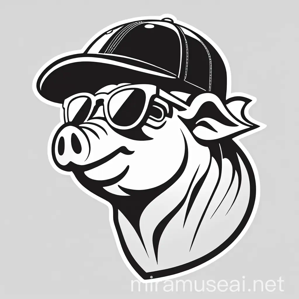 Stylized Humanized Pig Logo in Black and White with Cap and Sunglasses