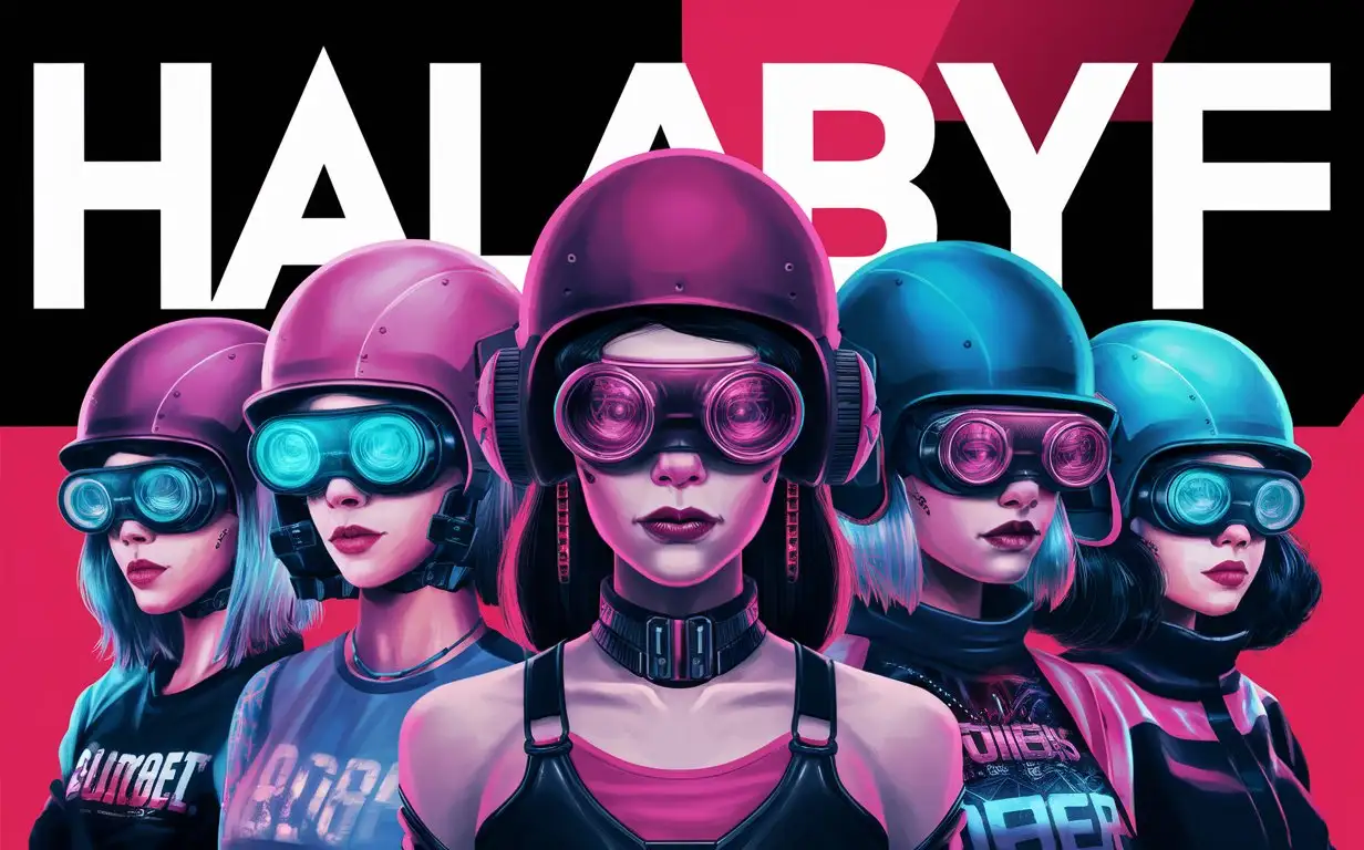 надпись HALABYF на черно красном фоне девочек в шлемах виар очках кибер панк,много разных красок

