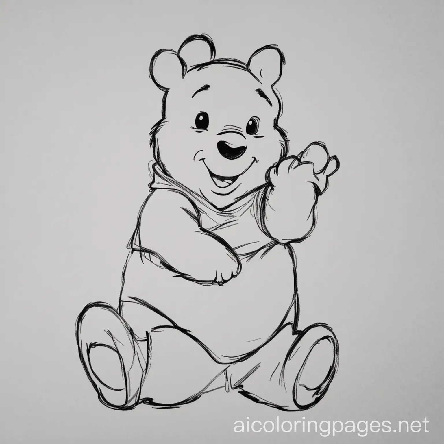 Disney Winnie the Pooh, Coloring Page, black and white, line art, white background, Simplicity, Ample White Space. The background of the coloring page is plain white to make it easy for young children to color within the lines. The outlines of all the subjects are easy to distinguish, making it simple for kids to color without too much difficulty