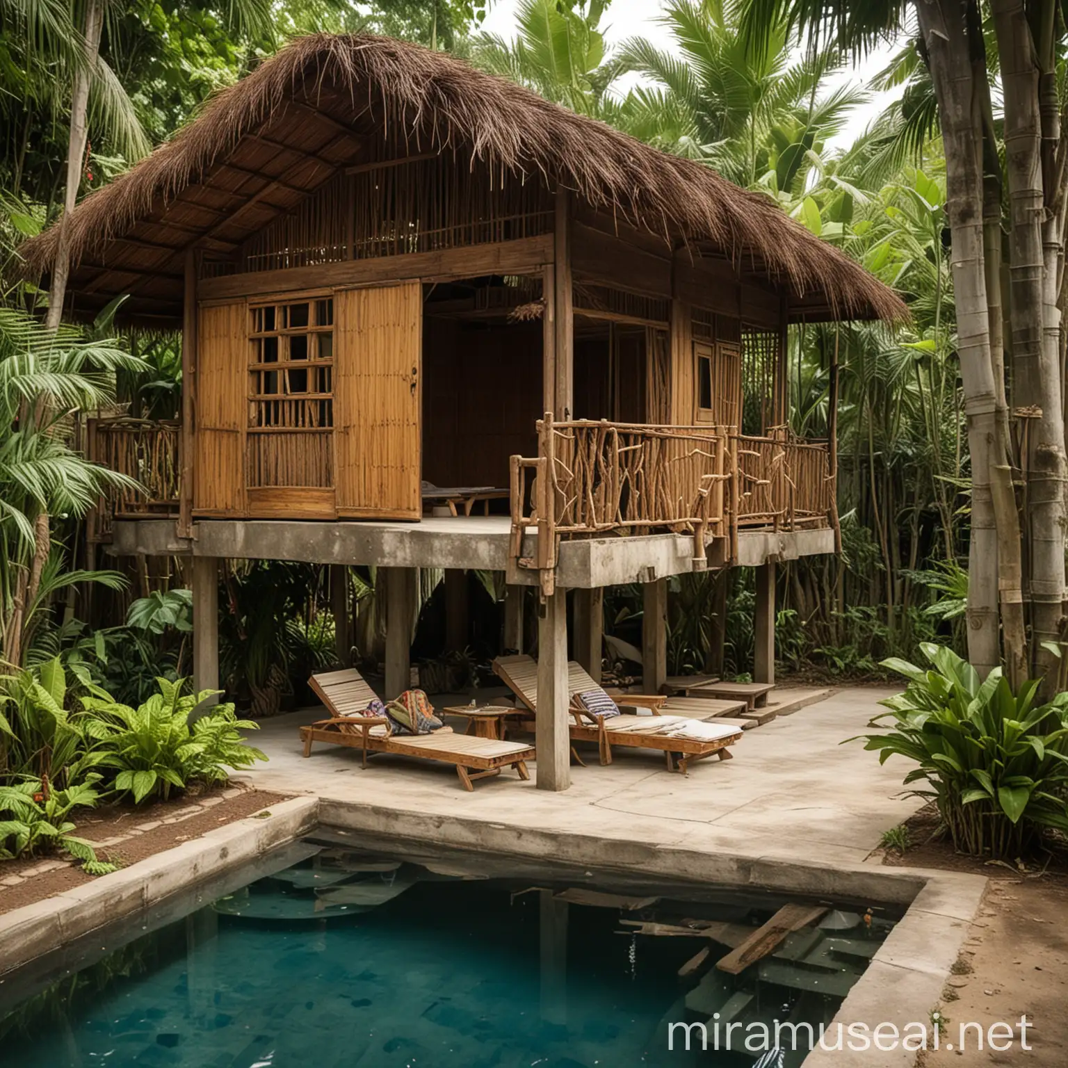a two-level bahay kubo, with concrete posts, lumber and bamboo walls, native nipa roof. the first floor is an open area with sala and sofa. beside the bahay kubo is a small swimming pool and a garden.