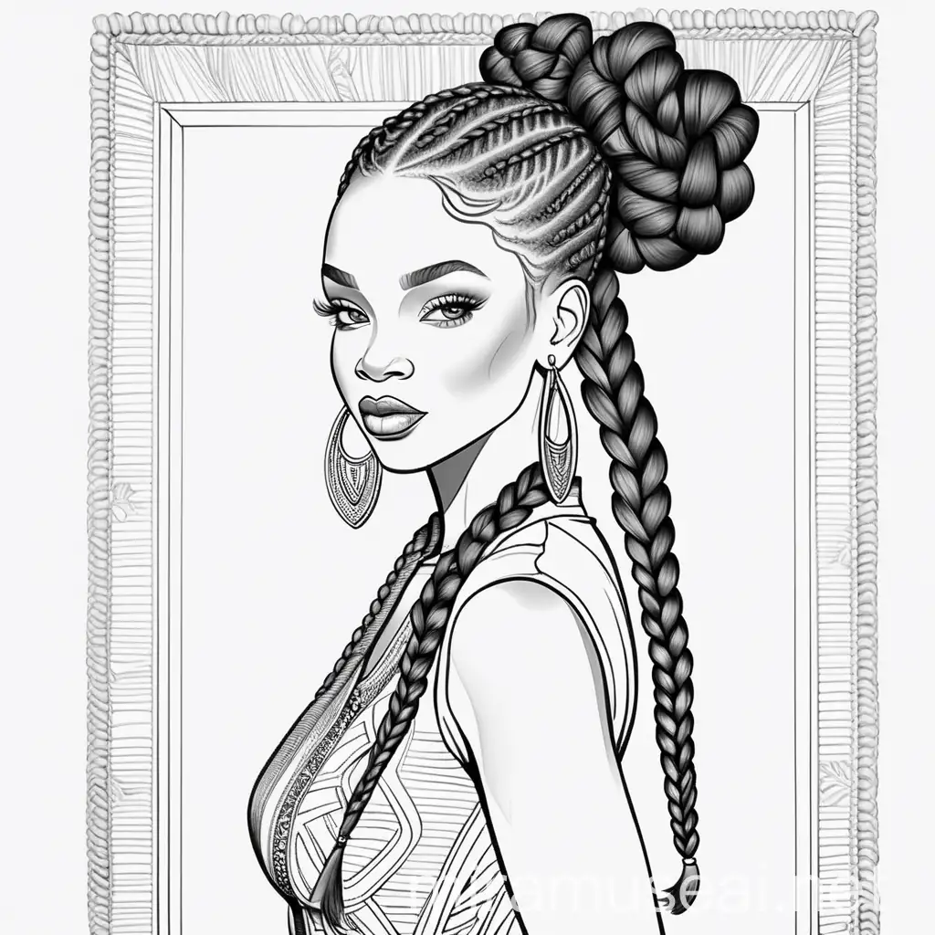 Stylish Black Woman with Braids Walking Confidently High Fashion Coloring Page
