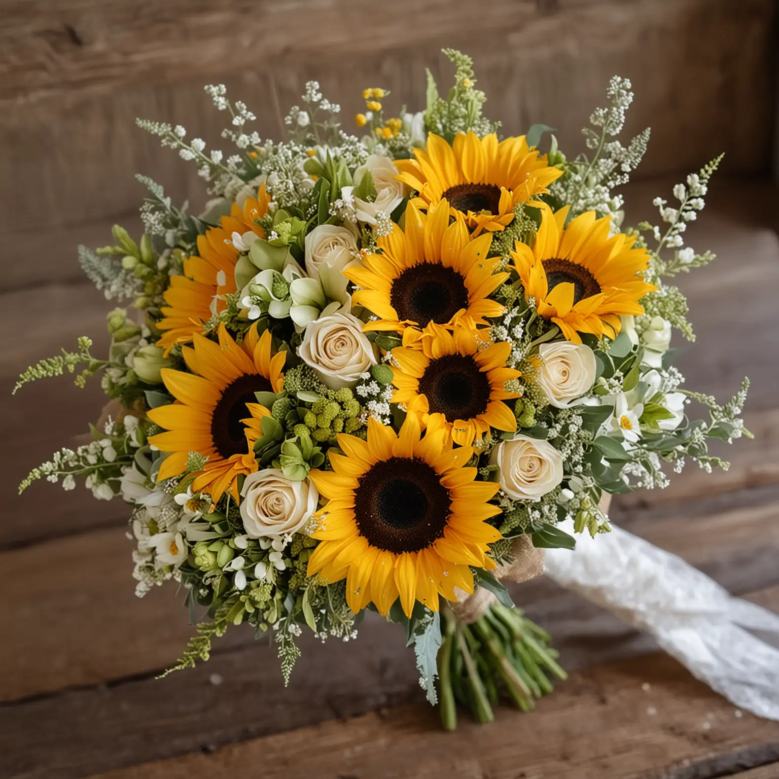a rustic spring bridal bouquet with sunflowers and spring accents and embellishments