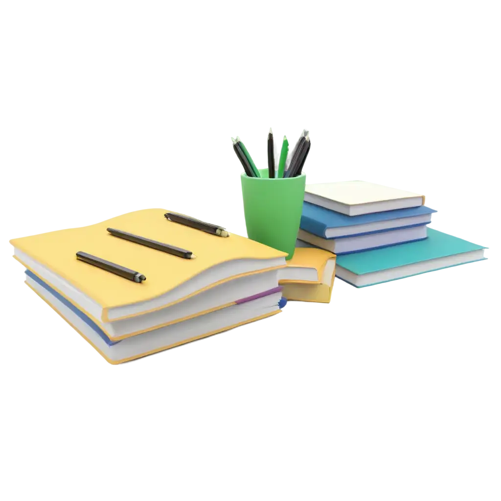 3d illustration of a study table with a pile of books, pencils, notebooks