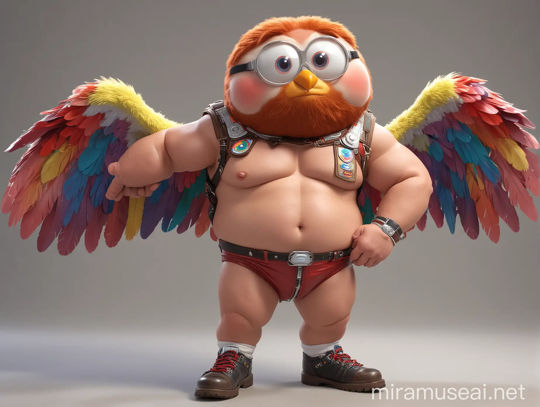 Studio Light Subtle Smile Topless 40s Ultra beefy Red Head Bodybuilder Daddy Big Eyes with Beard Flexing Bicep Wearing Multi-Highlighter Bright Rainbow Colored See Through huge Eagle Wings Shoulder Jacket short shorts long legs low leather boots and Doraemon Goggles on forehead