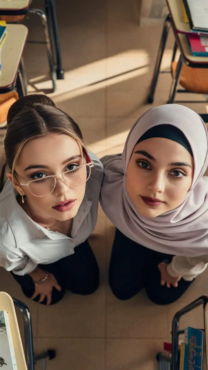 Two Elegant Teenage Girls Kneeling in Classroom Beautiful Students in Hijab and Glasses