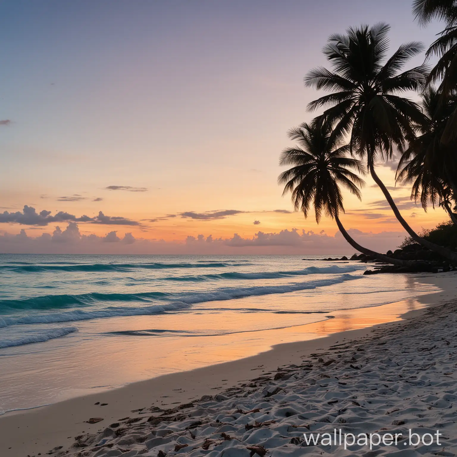 beach and blue sky with teal color and kinda sunset and put 2 coconut trees on left and right side