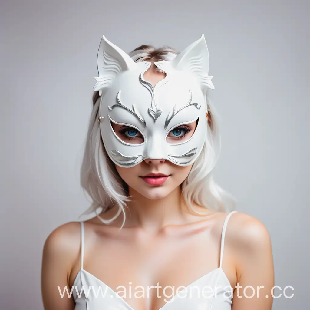 adult bright and beautiful girl-model in a white cat mask, bright background