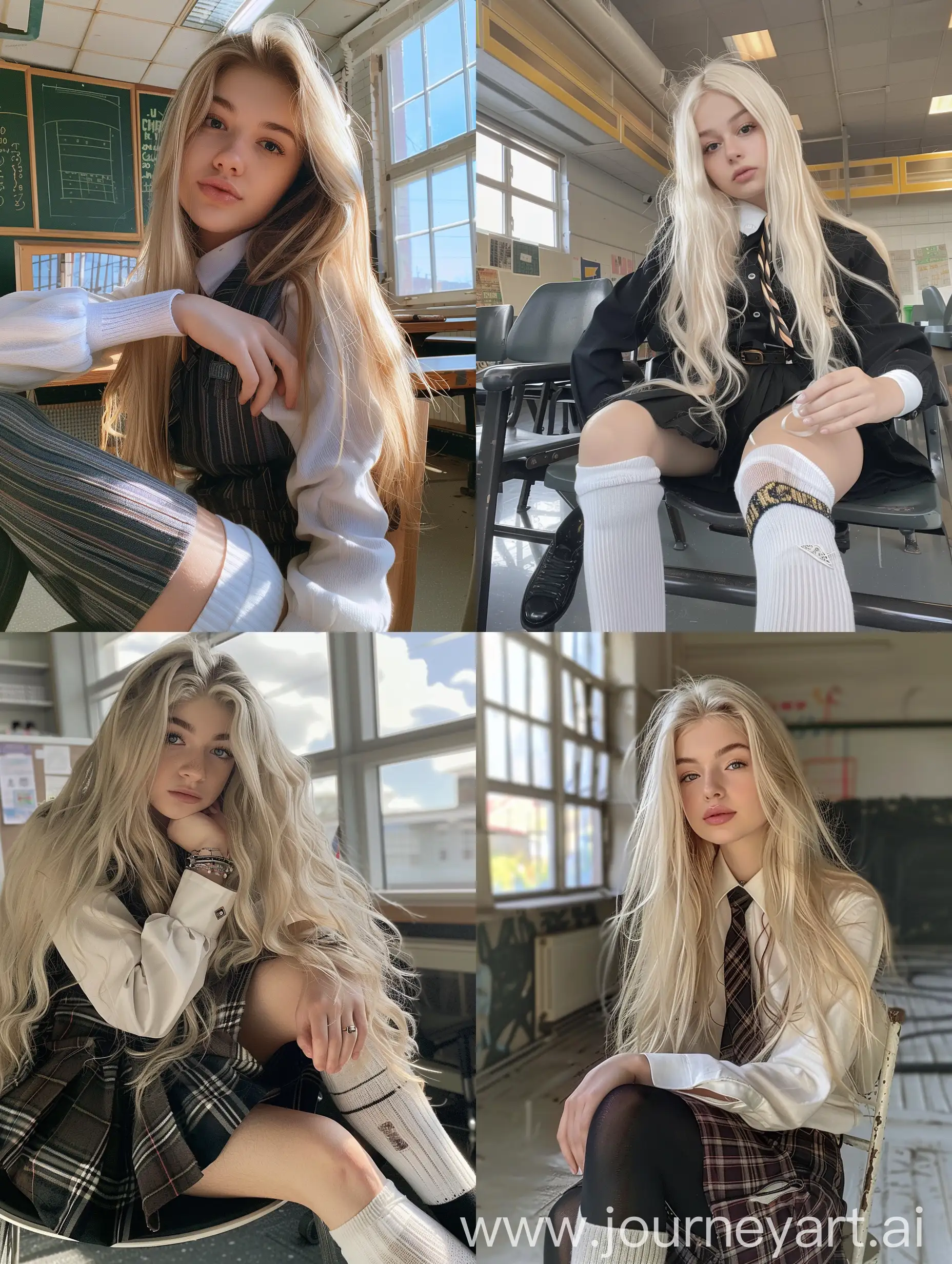 1 girl, long blond hair , 22 years old, influencer, beauty , in the school ,school uniform , makeup, sitting on chair , socks and boots, no effect, selfie , smiling, iphone selfie, no filters , iphone photo natural