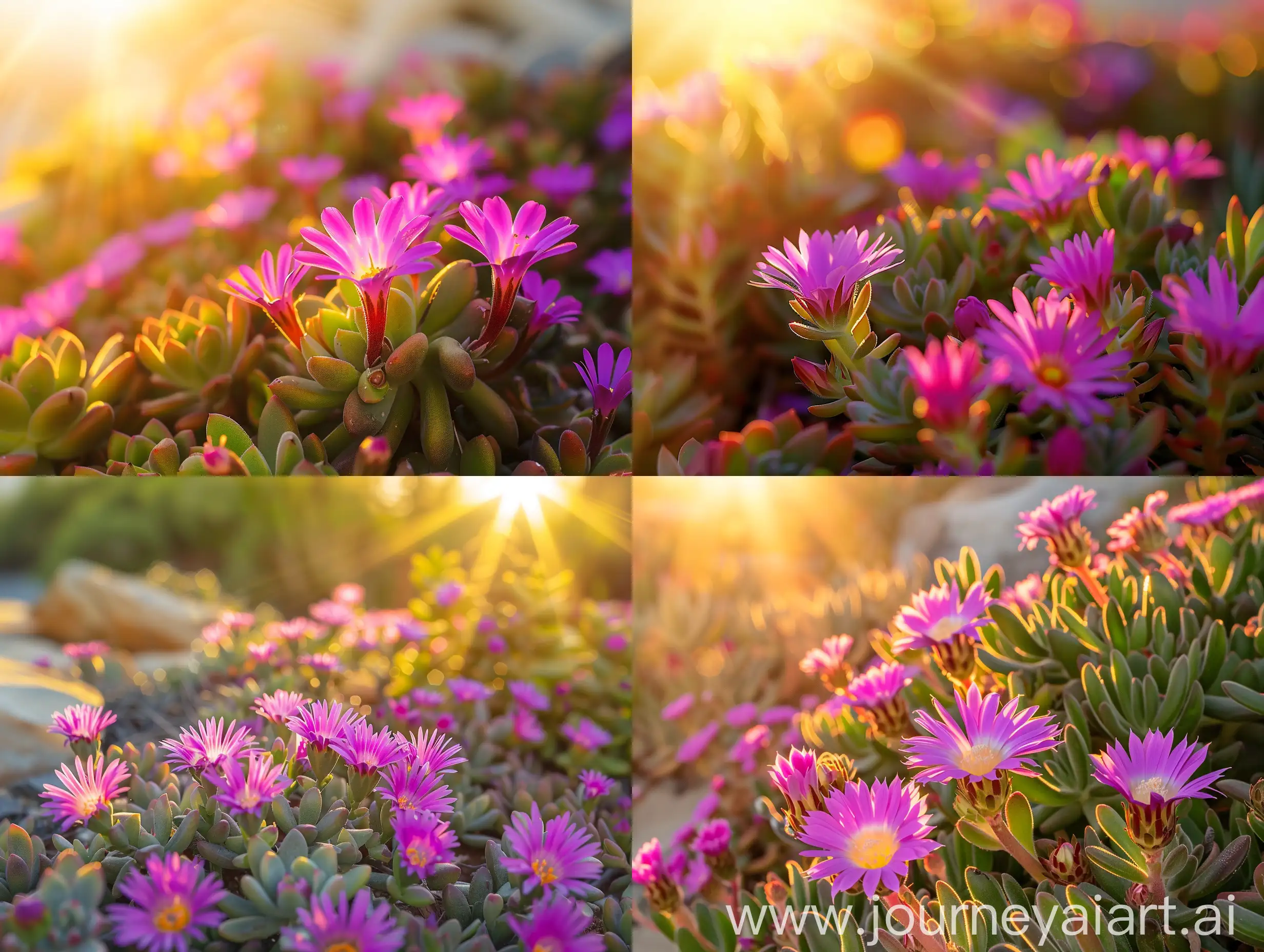 High detailed photo capturing a Delosperma, Violet Wonder. The sun, casting a warm, golden glow, bathes the scene in a serene ambiance, illuminating the intricate details of each element. The composition centers on a Delosperma, Violet Wonder. Carpet your hot sunny areas in vibrant colors from early summer to frost. These spreading succulent perennials thrive on neglect in poor quality soil with good drainage, and are exceptionally tolerant of drought and intense summer heat. The small plants m. The image evokes a sense of tranquility and natural beauty, inviting viewers to immerse themselves in the splendor of the landscape. --ar 16:9 