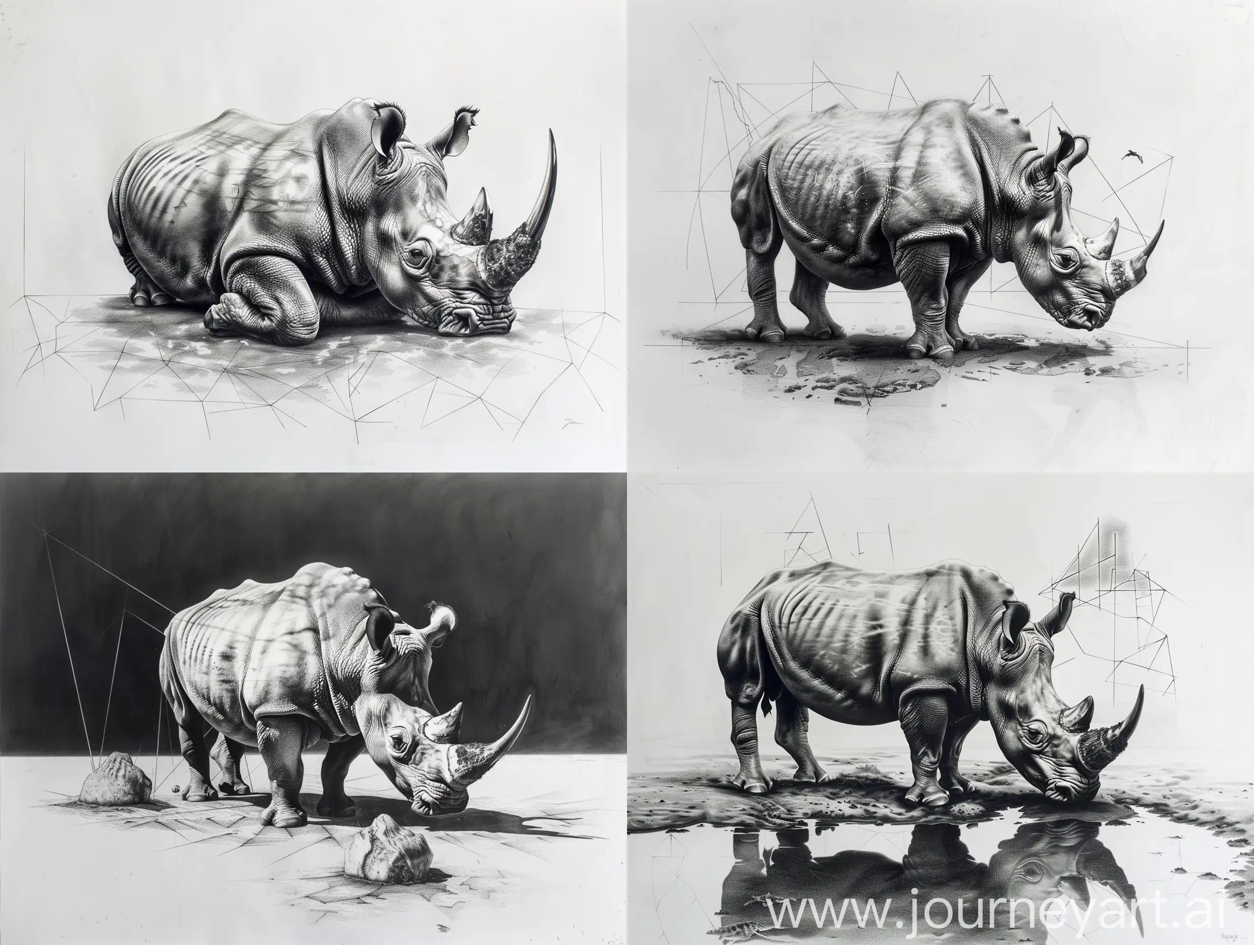 genre creative dark hyper realistic pencil sketch of a rhino in solitude on a large canvas in great details