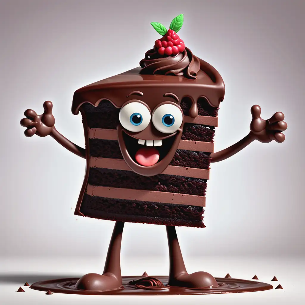Anthropomorphized slice of chocolate cake  character Has arms and legs.