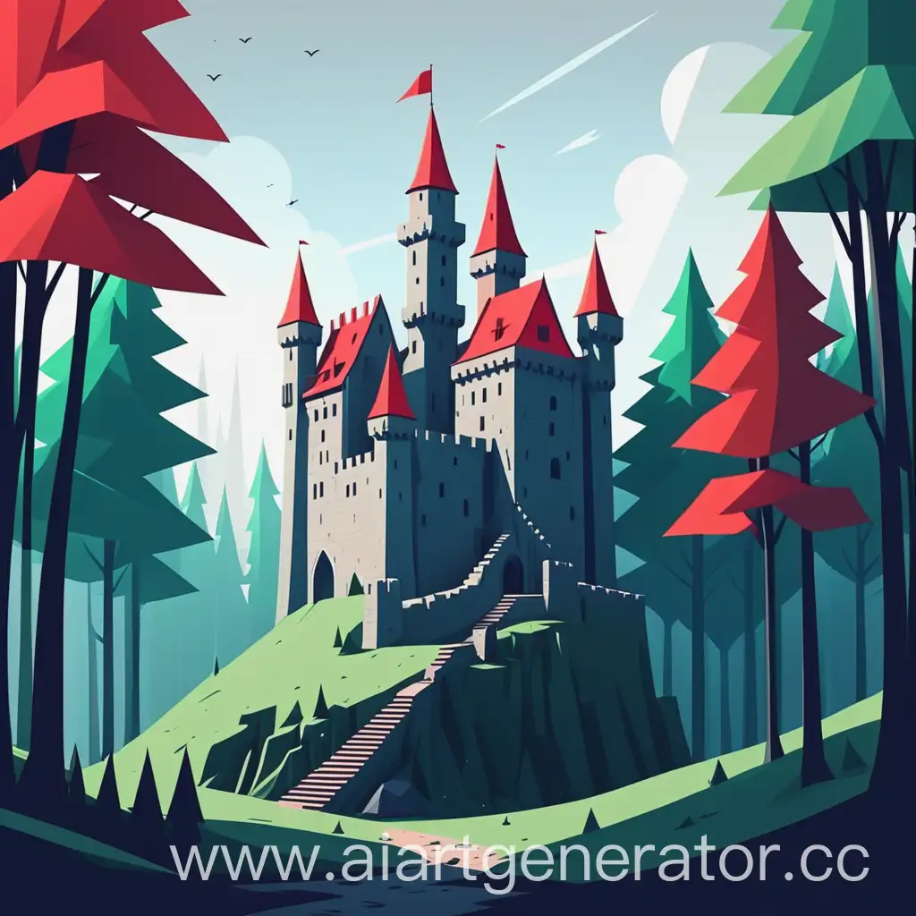 Minimalist-Medieval-Castle-in-Forest-Sharp-Edges-and-Clear-Angles-in-RedBlueGreen-Palette