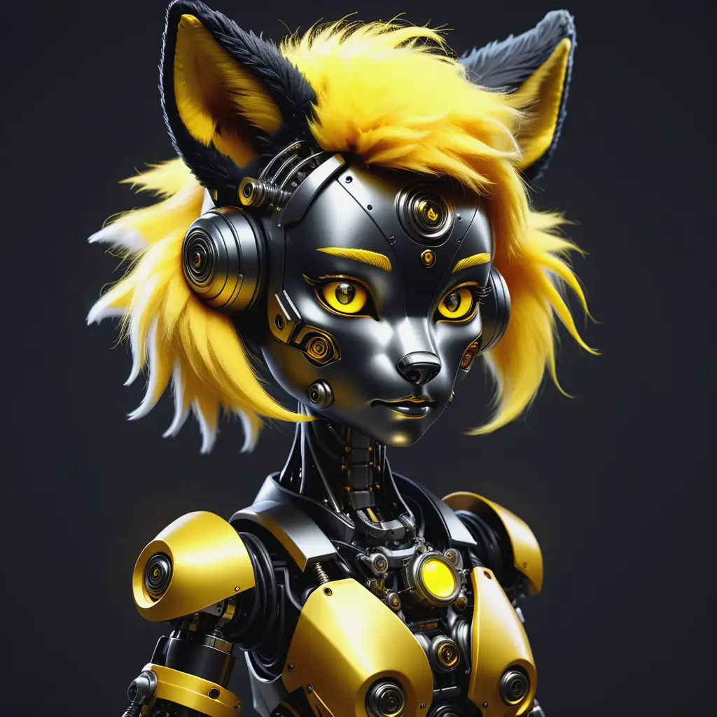 Девушка фурри робот лиса с черной металлической кожей с механическим телом с желтой прической на голове со светящимися элементами на теле и в глазах с мордой лисы вместо лица