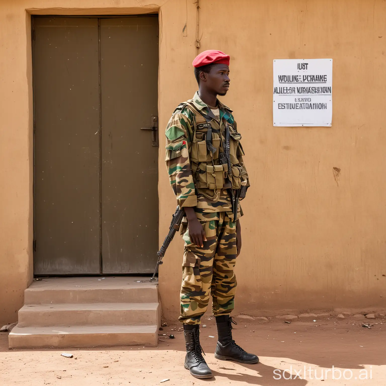 Un militaire tchadien, triste et indécis devant le bureau de vote.