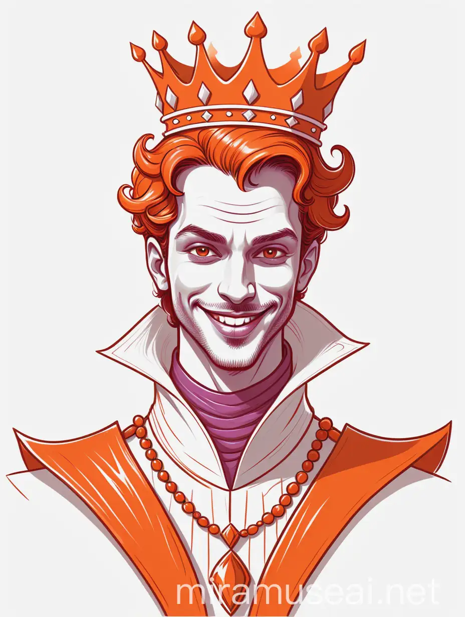 A happy and evil prince, wearing a royal orange and white, on a amaranth and white background, in drawing style