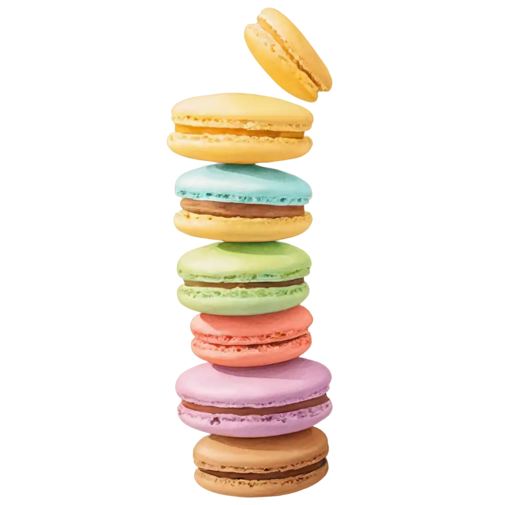 "Illustrate a whimsical watercolor scene featuring a stack of pastel-colored macarons, with each delicate cookie boasting soft, blended shades against a plain white backdrop."


