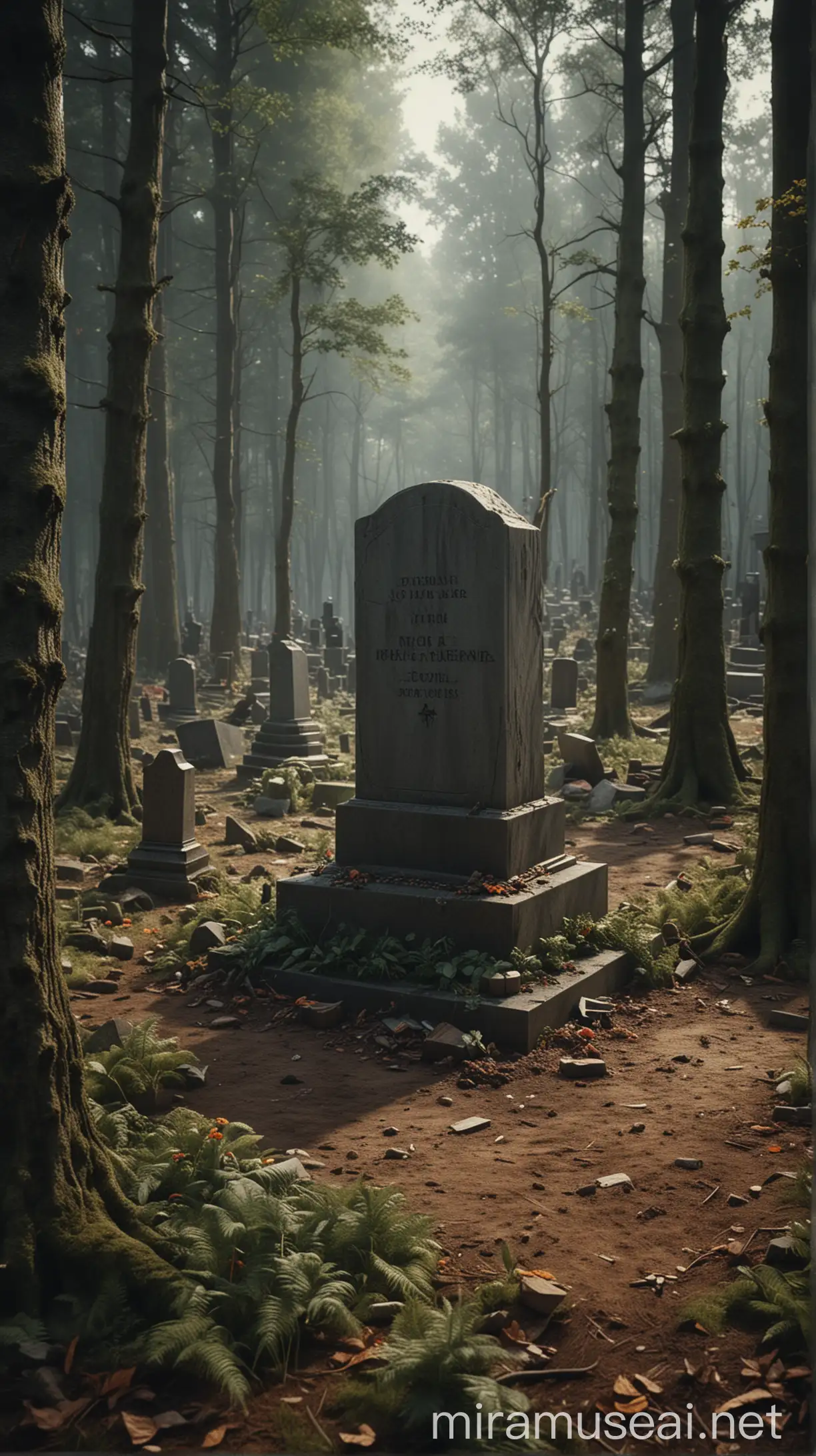 a grave placed in the middle of the woods, ultra realistic, portrait mode, central composition,  a lot of free space around, peopledancing around it
