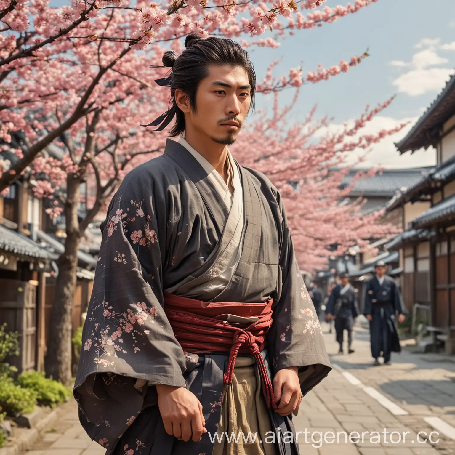 Young-Japanese-Man-Aspiring-to-Become-a-Samurai-by-Cherry-Blossoms