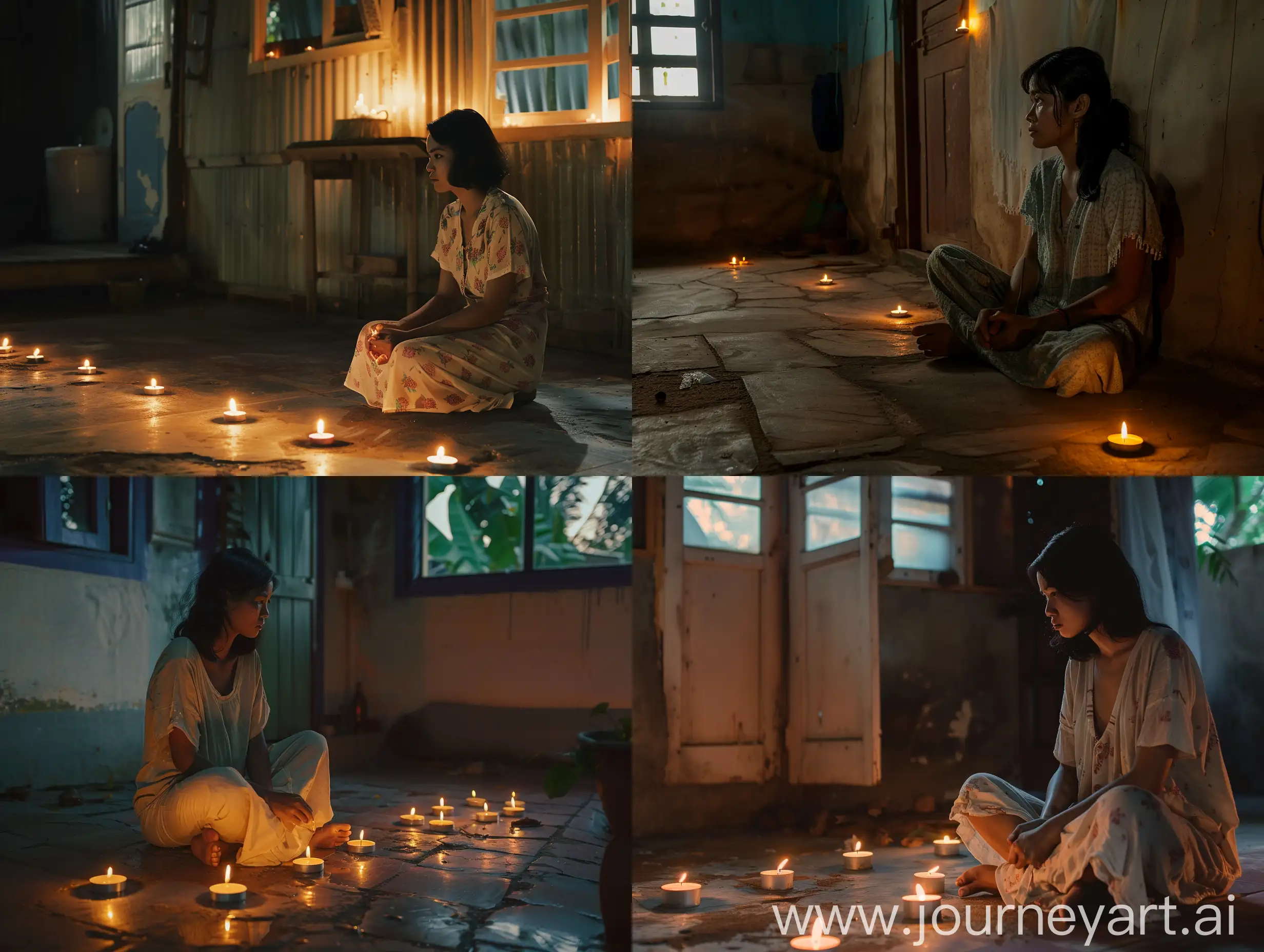 horror cinematic film, an Indonesian woman, 27 years old, sits alone in a room in a simple house. in the evening, He lights candles around the room, creating a mysterious atmosphere., side view, full body shot