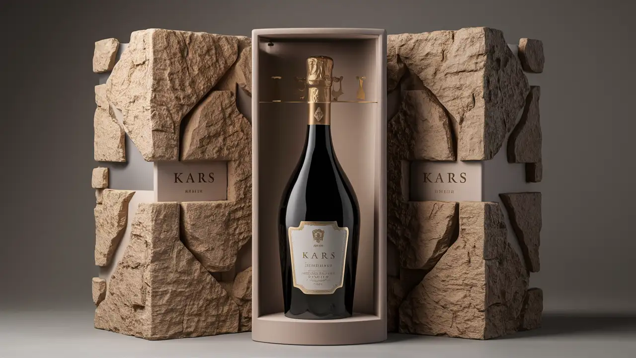 royal Armenian traditional apricot wine called "KARS" modern wine bottle and box with elegant packaging, modern and exclusive style Armenian stones and ornamentation