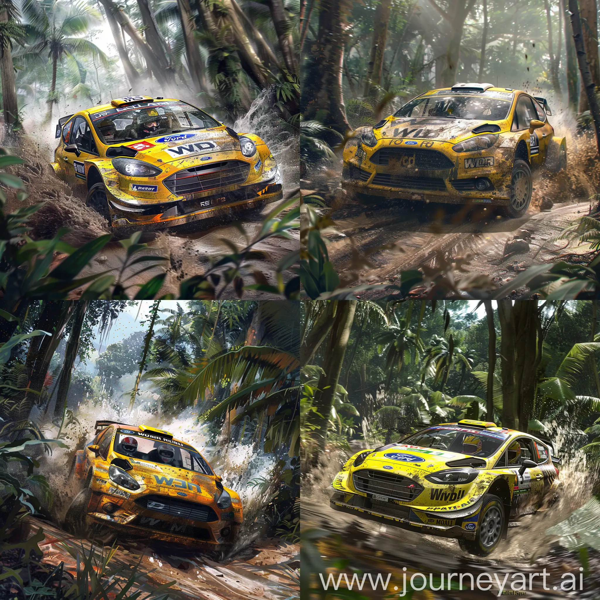 A ford fiesta r5 with a WD-40 livery like from the Dirt 4 game, with a driver and co driver inside the car, clearly visibility from outside, both of them wearing a yellow full face helmet and yellow racing suit. The car is being driven in a jungle rally stage and it has crashed and starting to barrel roll. In a realistic style