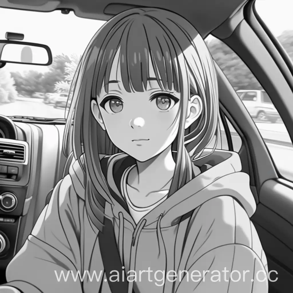 Нарисуй аниме девочку студентку у машине все в сером оттенке

