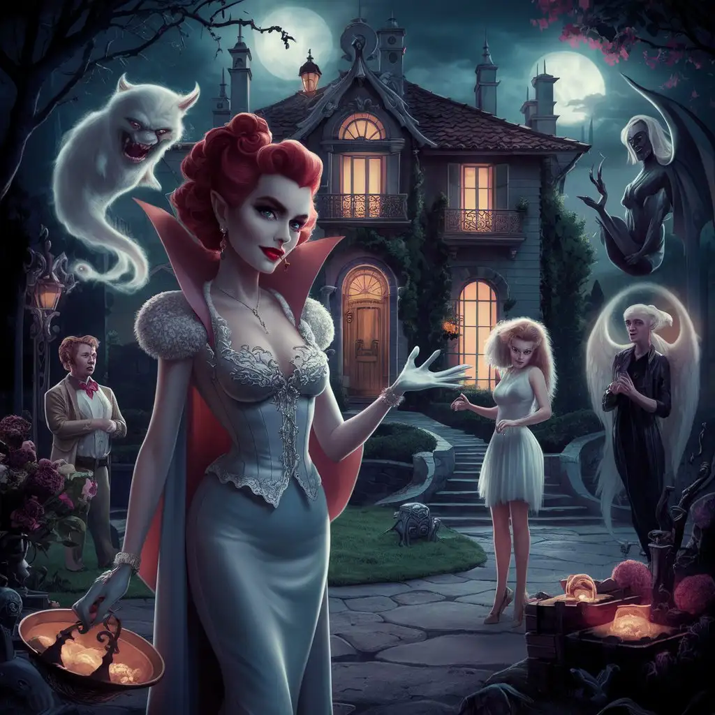 A realistic, beautiful, magical fantasy photo depicting the world of fantasy. Vampire Viola, a real estate agent, tries to sell a haunted villa where the ghost of the mischievous Tom lives. Unable to get rid of him, Viola goes to Fox D'Mora, the medium and goddaughter of Death. As a real estate agent, she is not afraid of challenges, but the spirit effectively deters potential buyers. When a demonic personal trainer, a self-loving reaper and a saucy angel join the house, they discover that Death has disappeared. It turns out that the immortals run their game in which you can win something you really want, but you can also lose everything. It's a remarkable mix of mystery and adventure.