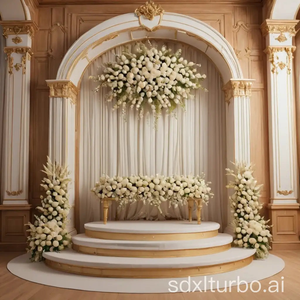 wedding stage. wedding decorative . white and golden materials . vertical liner lights. flowers. wooden stage .There is a window on the right. with curved wall. classic architecture.EXTREME DETAILED.