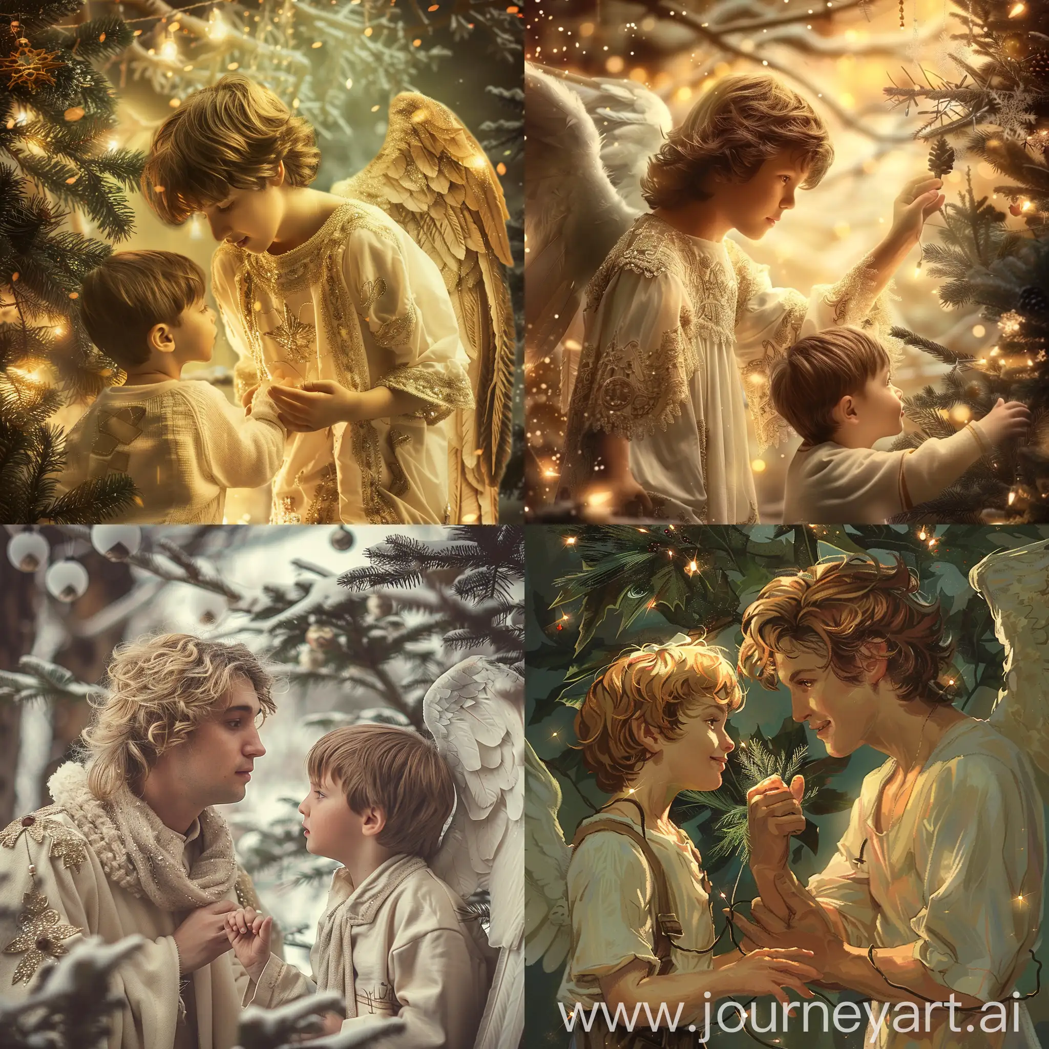красивый ангел взрослый мужского пола и маленький мальчик сосхищенно смотрит на него, новогодняя елка