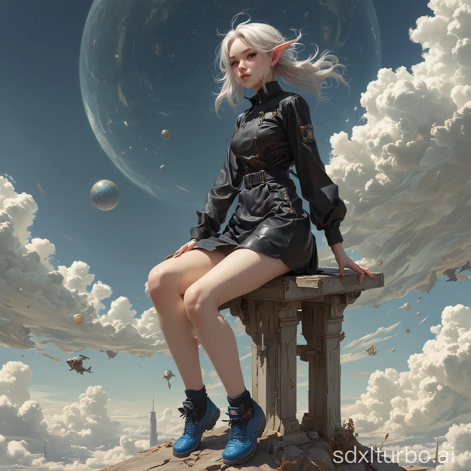 Ethereal-Fantasy-Art-Bunny-Girl-in-Blue-Shoe-and-Black-Tight-Shirt-on-White-Background