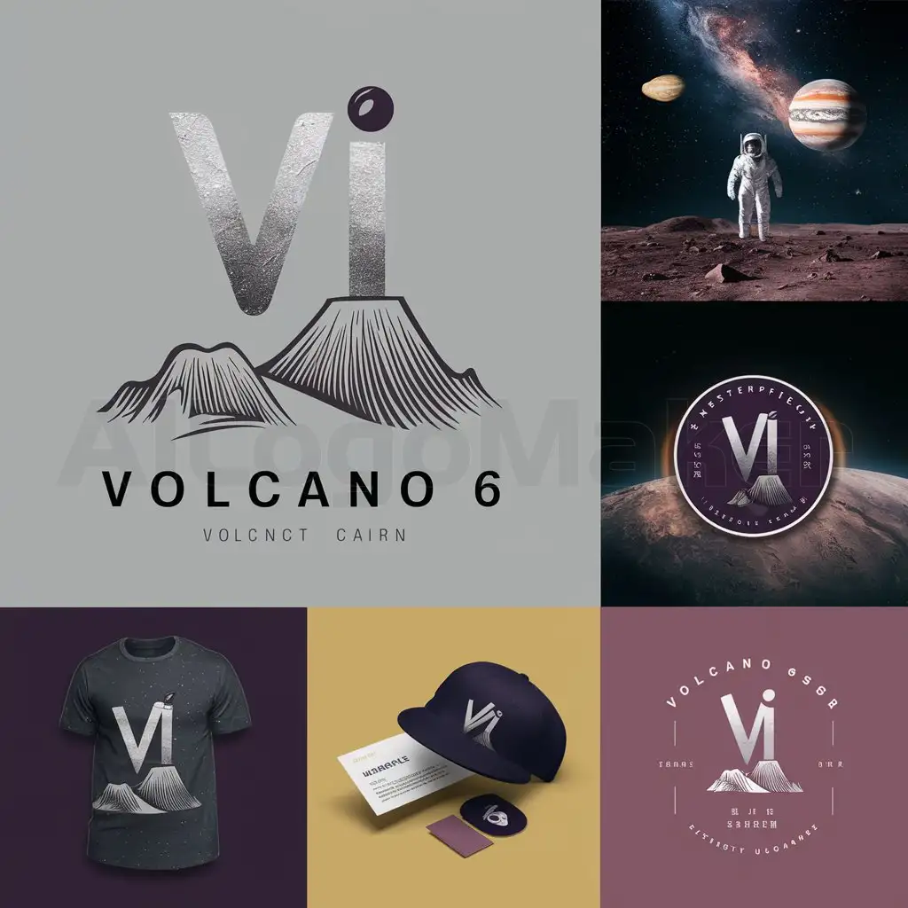 a logo design,with the text "VOLCANO 6", main symbol:Create a '6# volcano' named VI design, including brand logo, related theme T-shirt, cap design, business card and badge design. The pattern content should include at least very cool astronauts, low hills of extinct volcanoes and brand names. Badge, masterpiece, on the ground of Mars, (Volcano:1.4), an astronaut suspended in space, Galaxy, Jupiter, silver-colored, dark purple, yellow, white, erythrinus, Chinese national Flag,Minimalistic,be used in Travel industry,clear background