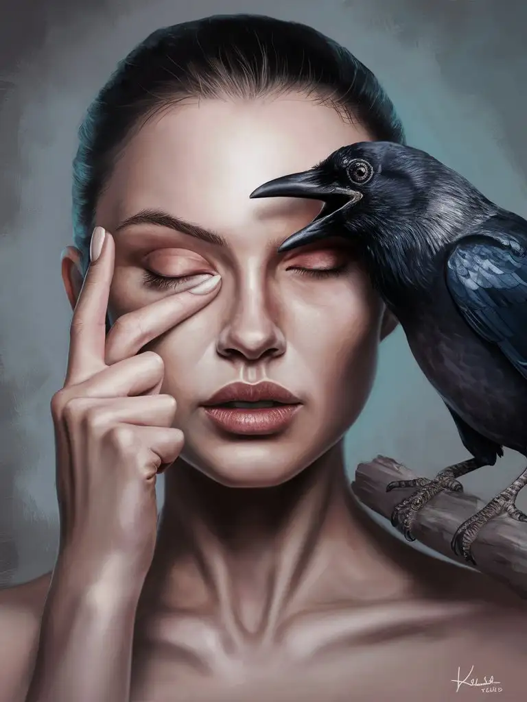 Generate a hyperrealist digital painting of a scene where a woman gently holds open one of her eyes with her finger. Next to her, a crow leans in toward her eye, its beak open as if ready to peer within.