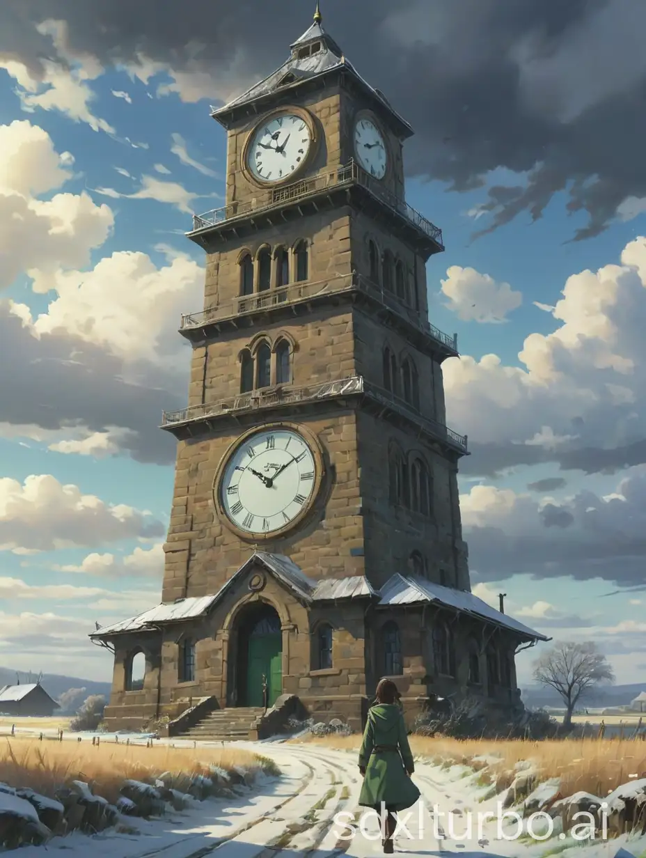 In a celtic mythological world, Rural landscape, during the winter, during the day, extraterrestrial, gloomy, supernatural, a clock tower,Makoto Shinkai anime style