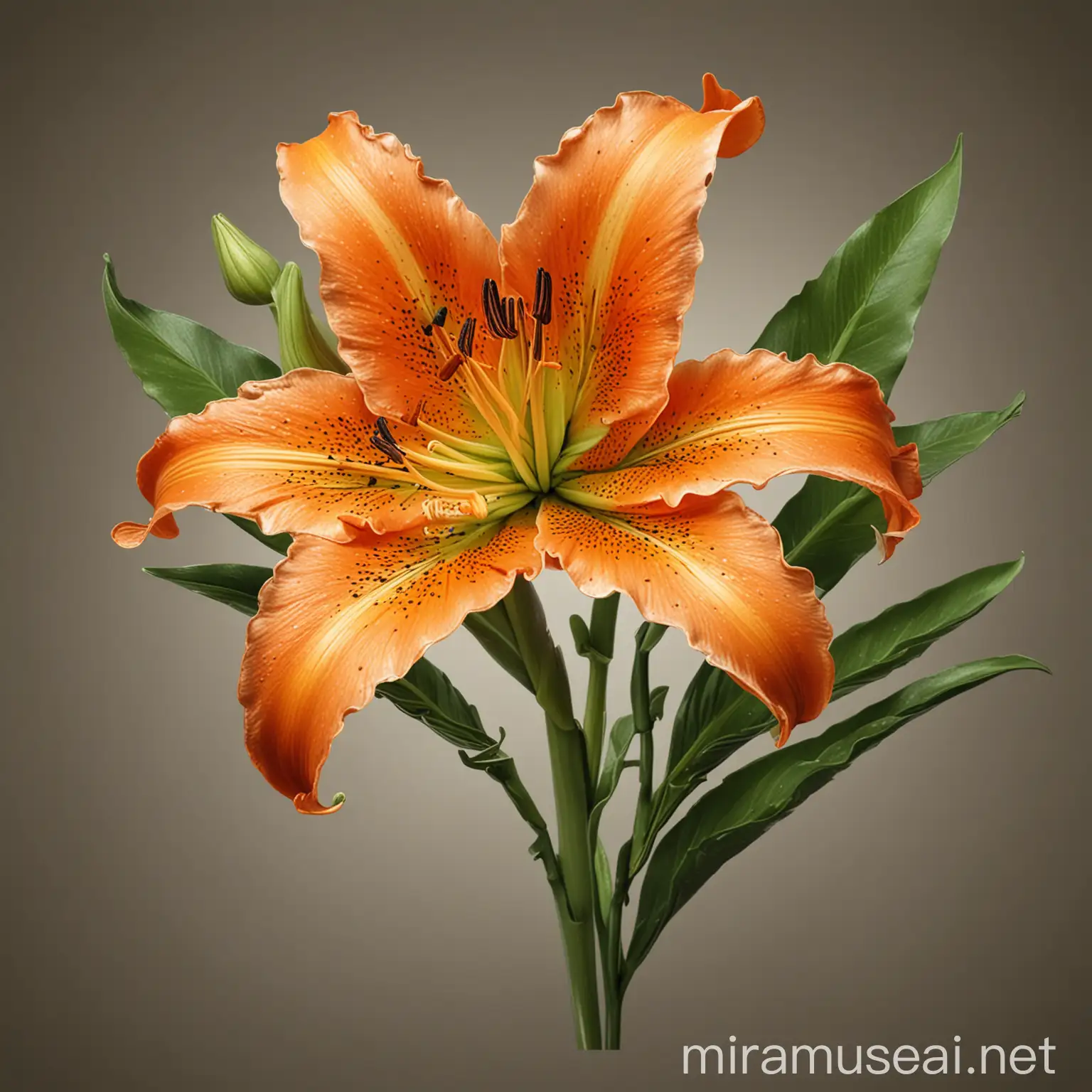 Detailed Clipart Illustration, Vibrant Orange Lily Flower, Natural Elegance, Detailed Petals and Stamen, Botanical Accuracy, Clipart Style, High Resolution, Detailed, Realistic Presentation, (Rich Colors:1.4), (Intricate Details:1.5), Botanical Accuracy, Focus on Petal Texture and Structure, Green Stem and Leaves, Capturing Natural Beauty, Suitable for Clipart Usage