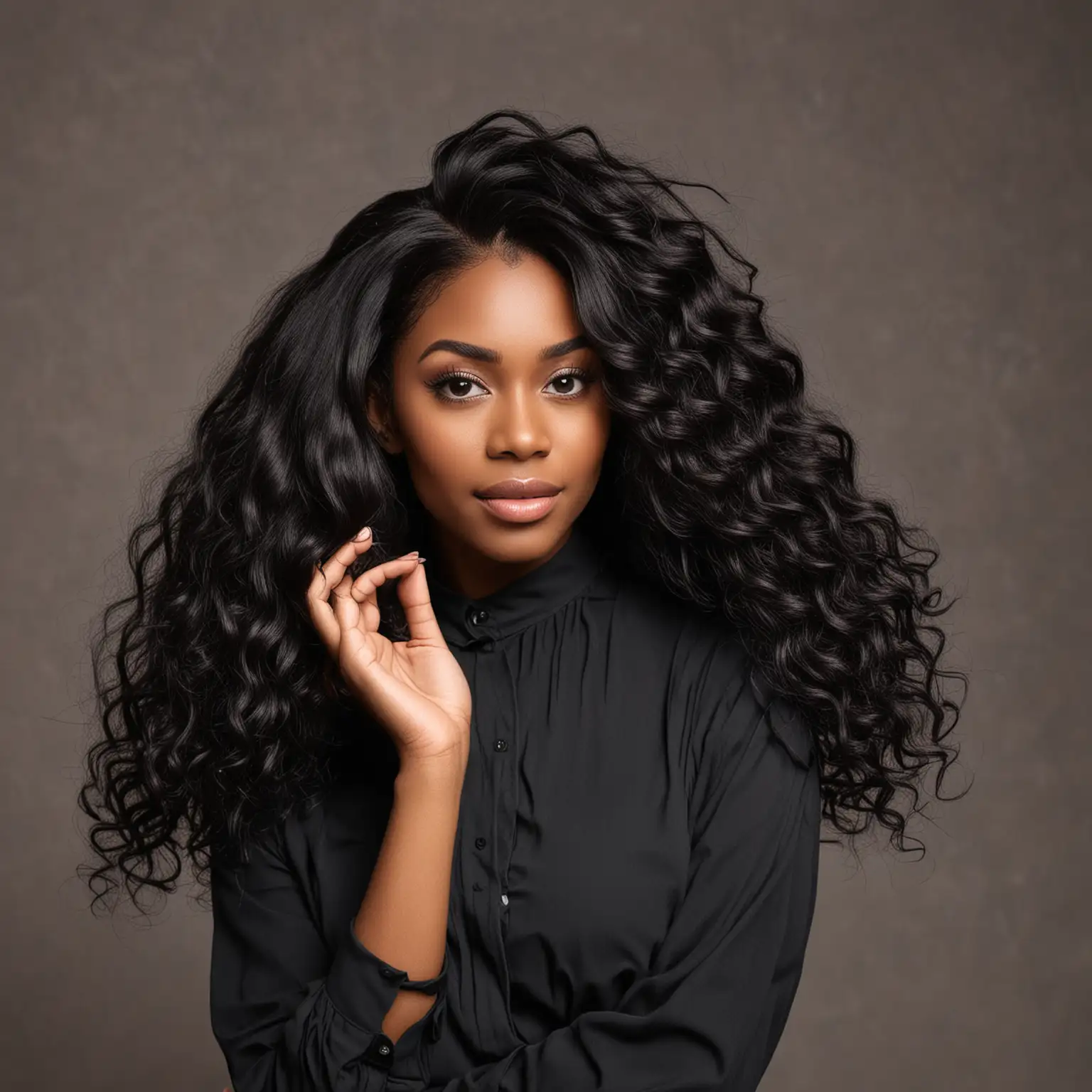 Confident Black Woman Holding Wig in Elegant Setting