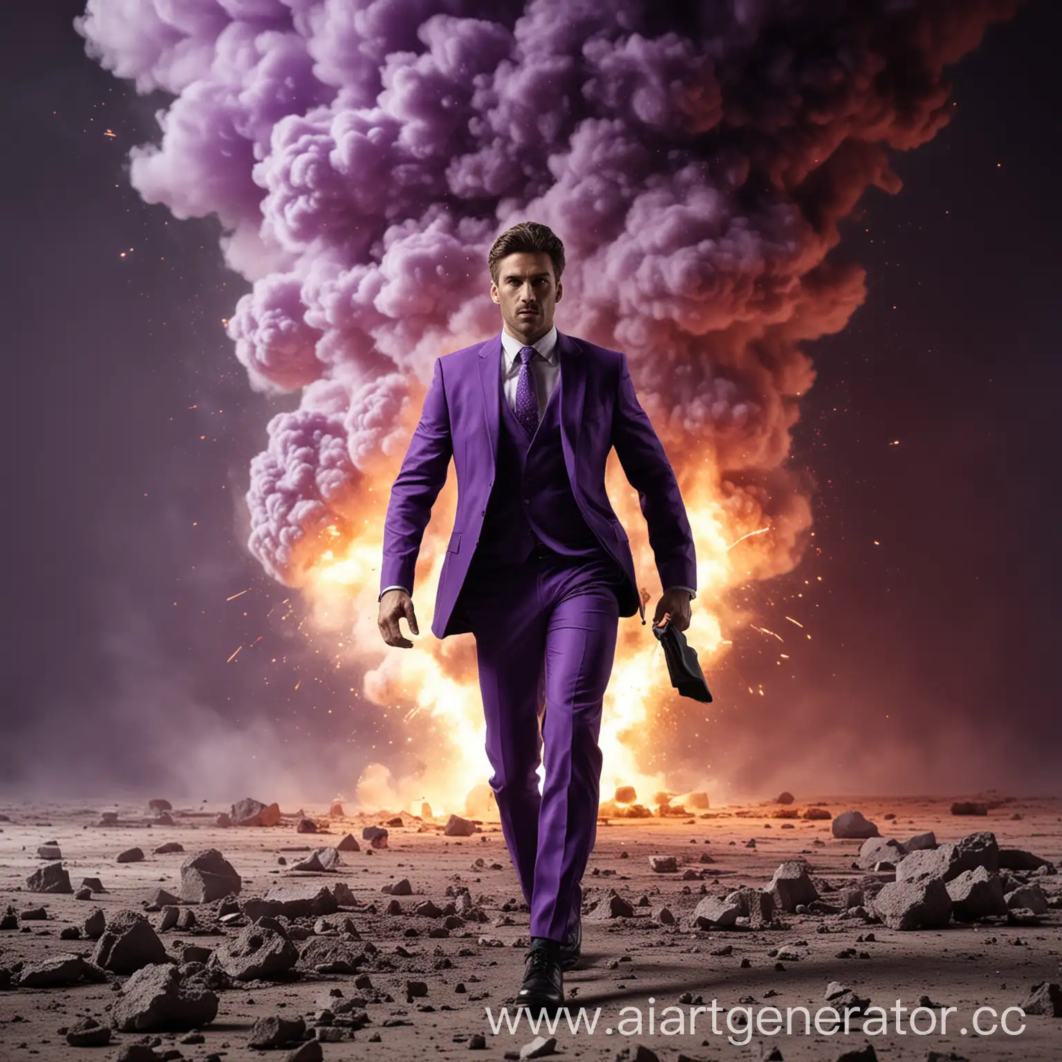 бизнесмен в фиолетовом костюме уходит от взрыва с крутым видом
