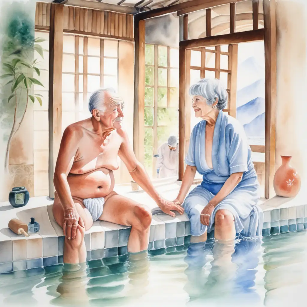 Elderly Couple Enjoying a Relaxing Moment in a Watercolor Bathhouse