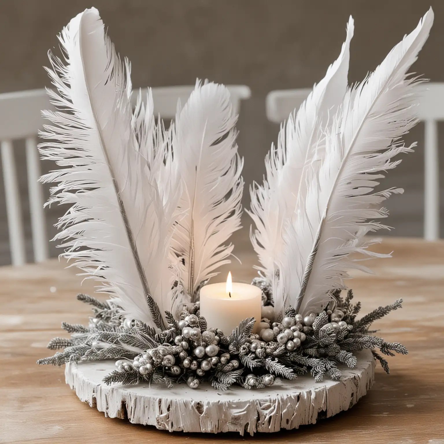 a simple and small DIY boho winter wedding centerpiece using silver and white boho feathers