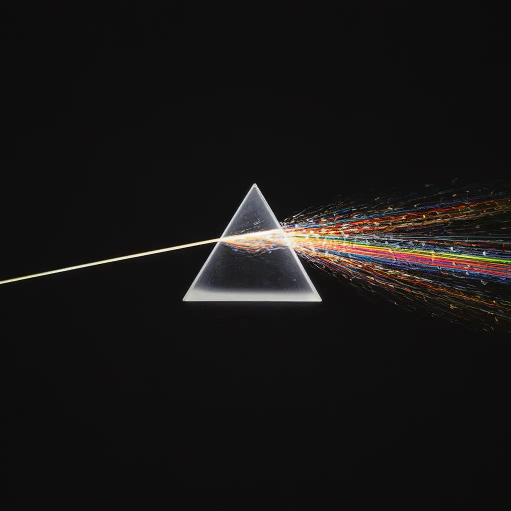 black background. minimalism. A ray of light passes through a prism and diverges into a multicolored detailed pattern