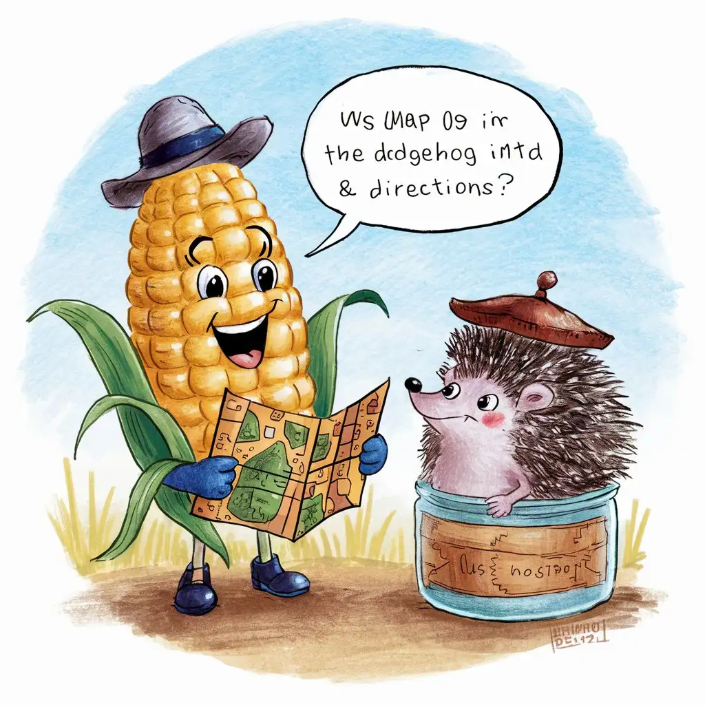 A cheerful corn asks the way to a hedgehog in a jar, a child's drawing
