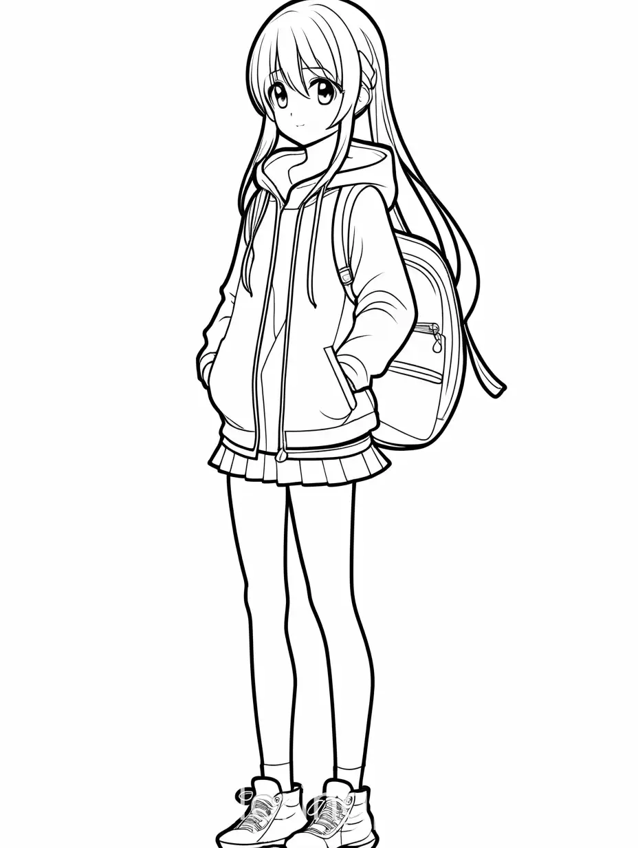 anime girl full body, Coloring Page, black and white, line art, white background, Simplicity, Ample White Space. The background of the coloring page is plain white to make it easy for young children to color within the lines. The outlines of all the subjects are easy to distinguish, making it simple for kids to color without too much difficulty